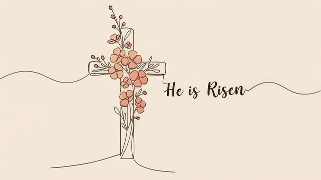 Floral greeting video illustration "He is risen". Floral greeting card design featuring a cross and the phrase "He is risen" in elegant font surrounded by colorful hand drawn flowers.
