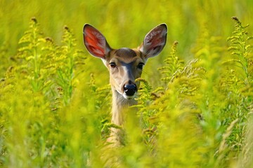 A deer peeks through tall grass in the foreground, its ears perked up.