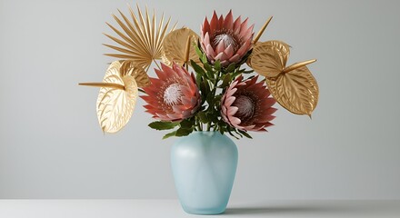 Stylish flower arrangement with golden leaves and protea flowers in a light blue vase