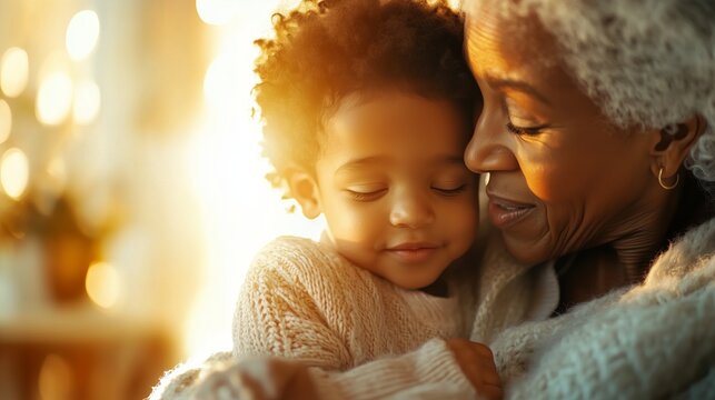 An elderly black lady with gray hair hugs a black baby boy and looks at him with love. Both are dressed in cozy knitted clothes. Grandmother and grandson