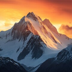 Obraz premium Golden Sunrise Illuminates Snowy Mountain Peaks