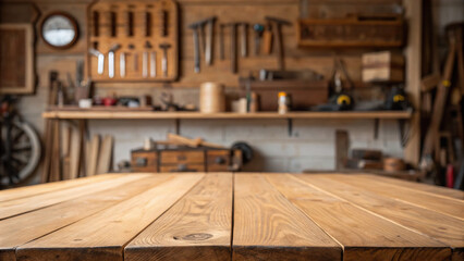 Wooden table surface with blurred background of workshop tools, cozy atmosphere, and warm lighting, perfect for crafts or woodworking projects