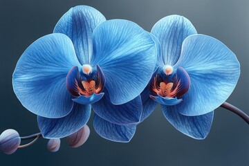 Blue Orchid Duo: A captivating close-up of two vibrant blue orchids, their delicate petals unfurling to reveal intricate details, set against a serene backdrop. 
