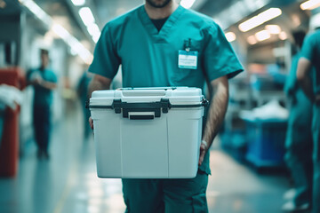 A medical professional walks through a bright hospital corridor, holding a medical-grade cooler box, possibly used for organ transportation or crucial sample storage, emphasizing care, precision