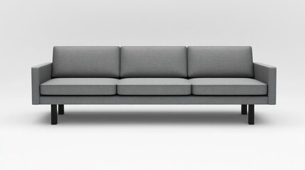 Gray fabric three-seater sofa with simple black legs.