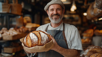 Smiling baker proudly holding fresh loaf of baked bread 