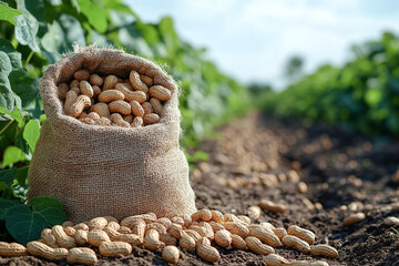 Obraz premium Appetizing burlap sack filled with freshly harvested peanuts, prominently displayed amidst lush green farm foliage under a sunny blue sky, capturing the essence of natural farming and sustainability. 