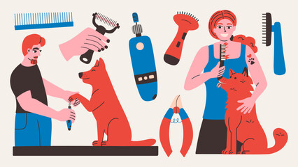 Pet grooming set with tools. The owners groom their dogs, trim their nails and brush their fur. Domestic animals hygiene concept.  Vector design graphic elements.