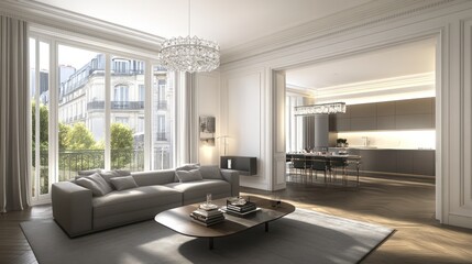 Fototapeta premium Modern Parisian living room with city views and open-plan kitchen.