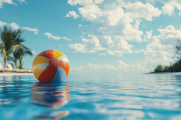 Colorful inflatable pool ball floating in turquoise water, tropical resort background. Travel and Summer Holiday Banner with copy space for text or logo	