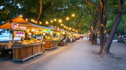 Fototapeta premium Food Stall Delight: A bustling food market at night with stalls displaying delicious items under soft, ambient lights, evoking a sense of community and culinary adventure.