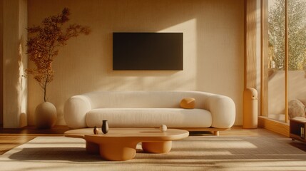 A modern living room interior design featuring a neutral color palette.