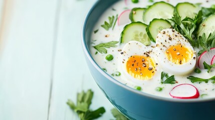 Refreshing Culinary Delight: A vibrant close-up showcases a bowl of chilled soup, artfully garnished with fresh ingredients, offering a visual symphony of taste and health.