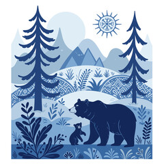 Artistic illustration of a mother bear and cub in a blue mountain landscape
