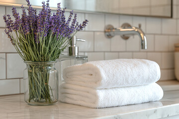 Elegant Bathroom Scene. Decorative lavender in a glass jar and neatly folded white towels in a modern bathroom setting.