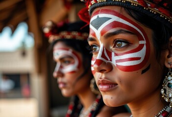 Two women with traditional face paint and jewelry, showcasing cultural heritage