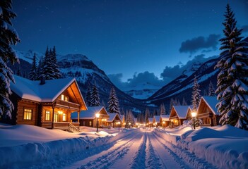 Fototapeta premium Cozy wooden cabins illuminated in a snowy mountain village at night under a starry sky