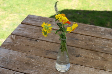 A bouquet of flowers stands in a glass vase.