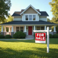 Charming suburban home with a For Sale sign, perfect for real estate marketing, home buying, and property investment promotions.