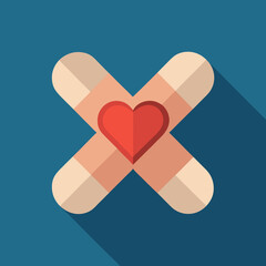 Cute X-Shaped Band-Aid with Heart in Center – Flat Cartoon Medical Icon