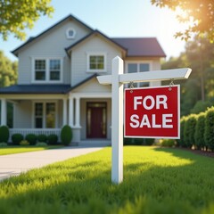 A charming suburban home with a bright For Sale sign in the front yard, perfect for real estate marketing and home buying promotions.