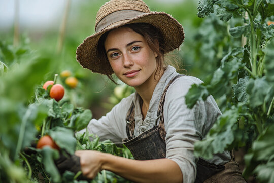 Happy female farmer harvesting fresh organic vegetable and greenery in local farm at countryside. Natural and eco food concept.