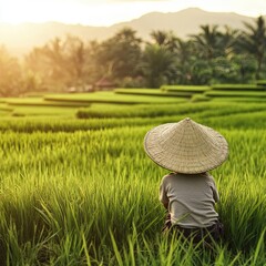 Child Wearing Straw Hat Standing in Green Rice Field under Natural Sunlight