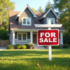 A charming house with a “For Sale” sign in the front yard, perfect for real estate marketing and home buying promotions.