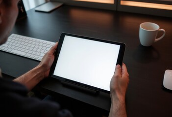 Person holding a tablet with a blank screen on a desk