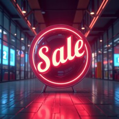 Bright neon Sale sign in a modern retail setting, perfect for promotions, advertising, and attracting customers in shopping environments.