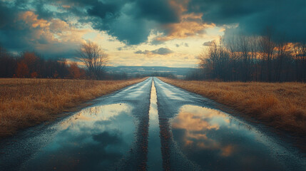 Road stretching into the horizon under a dramatic sky, with puddles reflecting warm twilight hues. The serene atmosphere enhances the landscape's tranquil yet dynamic beauty, perfect for travel theme