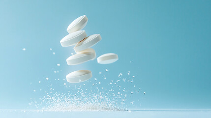 White Pills Floating in Air with Scattered Powder on Blue Background With Copy Space. Ideal for medical or health-themed visuals.