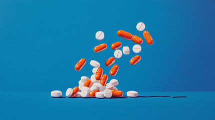 Pills Floating in Air with Scattered Powder on Blue Background With Copy Space. Ideal for medical or health-themed visuals.