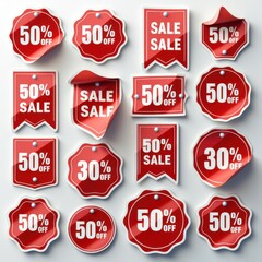 Eye-catching sale tags in red featuring various discount percentages. Ideal for retail promotions, online stores, and advertising campaigns.