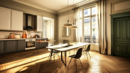 Fototapeta premium Sunny kitchen and dining area with large windows.