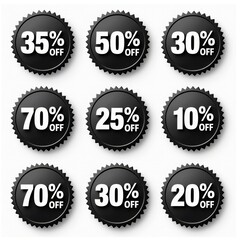 Fototapeta premium Eye-catching discount badges showcasing various percentage offers on a sleek black background, perfect for marketing, retail promotions, and online sales campaigns.