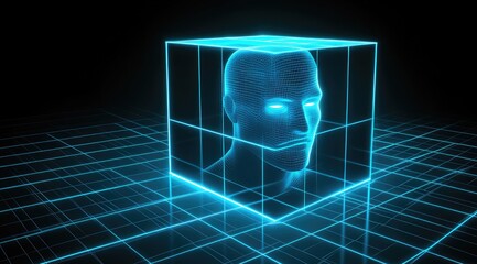 Digital human head in glowing cube