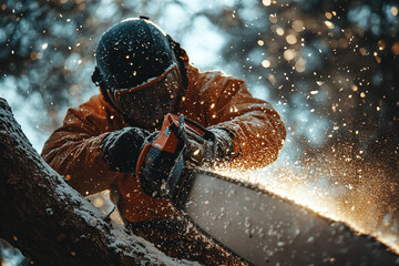 Worker in Protective Gear Operating Chainsaw Amid Flying Sawdust and Snowy Backdrop Outdoors