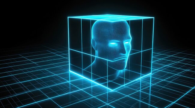 Digital human head in glowing cube - Powered by Adobe