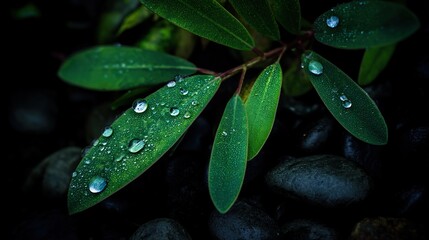 Close-up of water droplets on vibrant green leaves against dark green background, symbolizing fresh, eco-friendly environment with clean aesthetic and tranquil atmosphere.