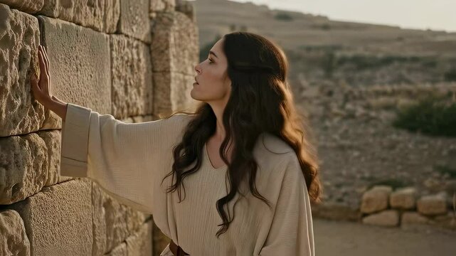 A woman of the Bible times at the city walls. The mother of Jesus, Mary Magdalene, and other women who accompanied Jesus. Video of the gospel event, Bible times. For Christian publications