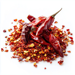 Obraz premium Pile of Red Hot Peppers and Chili Spice Flakes Isolated on White Background