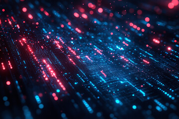 Fototapeta premium Close-up of neon colored circuit board pattern and electronics. Abstract digital data background. 