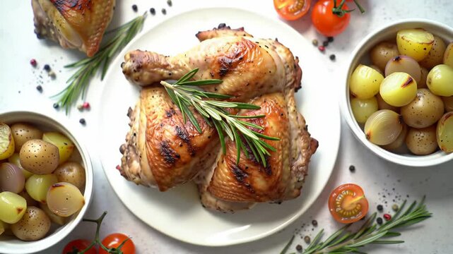 Cinematic overhead close-up of grilled chicken leg with rosemary, roasted potatoes, tomatoes, and sides, orbiting and tilting camera motion