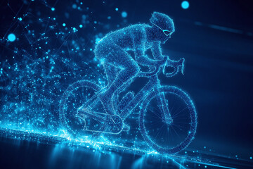 Digital sports technology concept of glowing blue wireframe of a cyclist pedaling bicycle in neon blue light	
