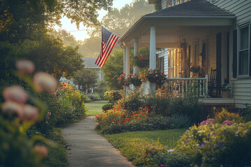 Charming Countryside Home with American Flag and Sunset Lighting the Garden. A serene residential scene evoking national pride, peaceful ambiance, and natural beauty, perfect for patriotism