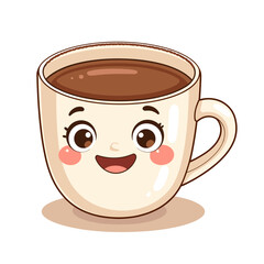 Cute smiling cocoa cup character with joyful expression  