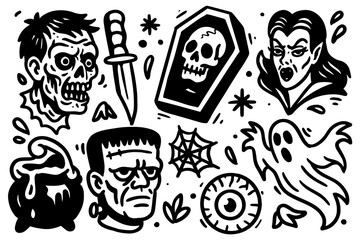 Halloween Ghost Witch Knife Eyeball Frankenstein Skull Spider Poison Zombie lineart