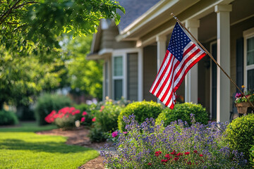 Gray house with porch and American flag, surrounded by a green lawn and autumn trees, representing a serene and patriotic residential scene.