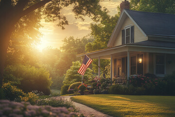 Charming Countryside Home with American Flag and Sunset Lighting the Garden. A serene residential scene evoking national pride, peaceful ambiance, and natural beauty, perfect for patriotism
